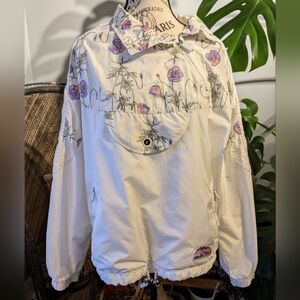 Vintage Ellesse Women's Floral Poppy White Asymmetrical Windbreaker Size L